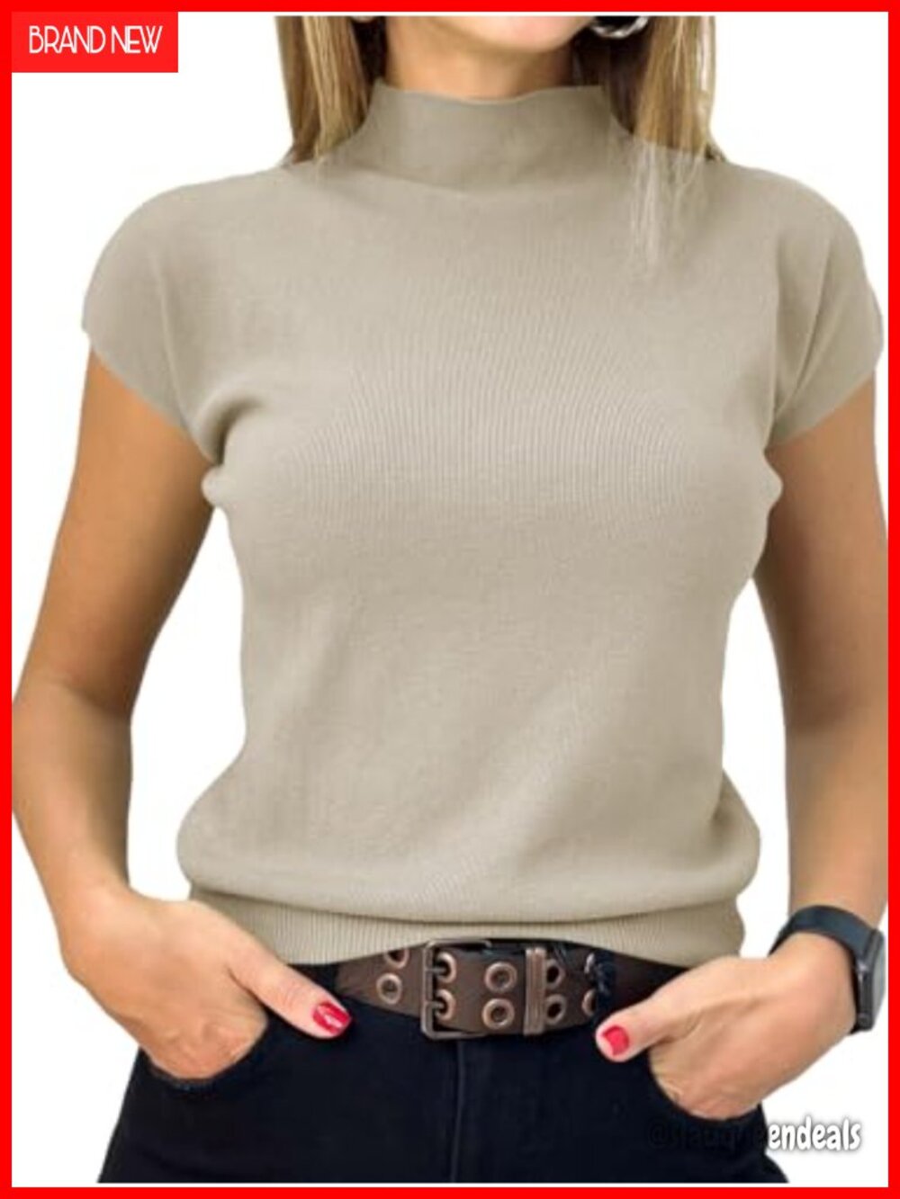 Womens Short Sleeve Mock Neck Ribbed Knit Pullover Sweater Slim Fit